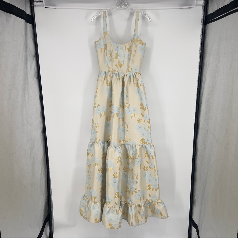 V. Chapman Avery Tiered A-Line Corset Formal Gown Dress in Sky Windsor Brocade 4 - Picture 3 of 11